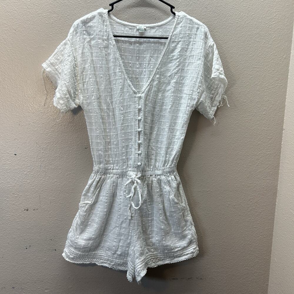 Aerie Women's S Button Front V-Neck Romper White‎ Short Sleeve Cottagecore Boho